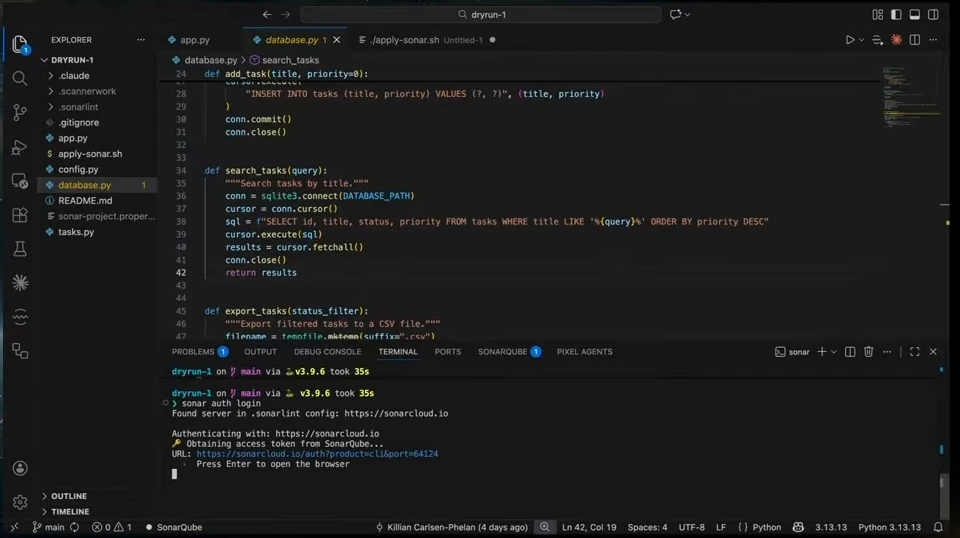 A terminal prompts the presenter to open a browser for SonarQube authentication.