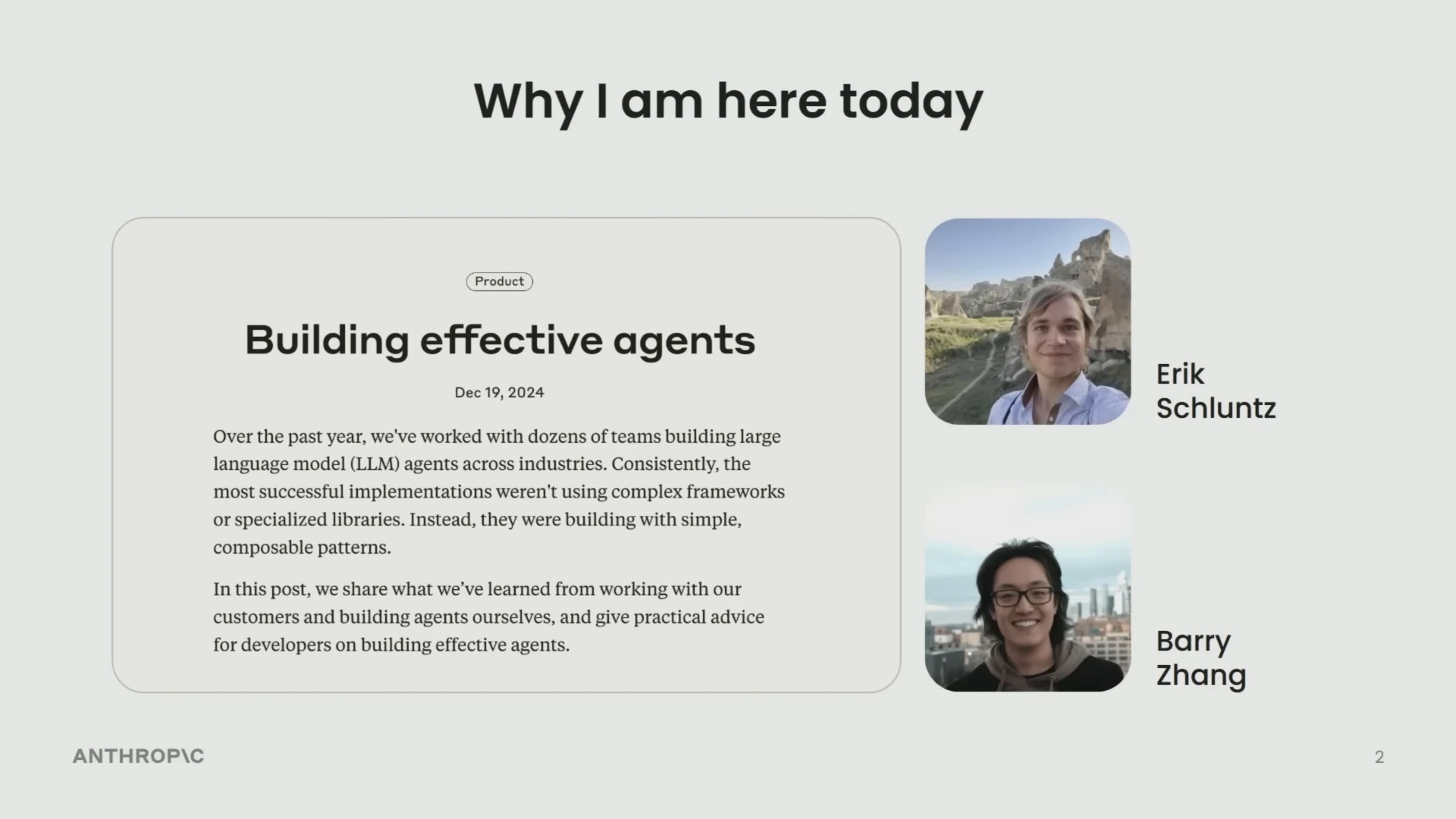 The Building effective agents article alongside portraits of Erik Schluntz and Barry Zhang.