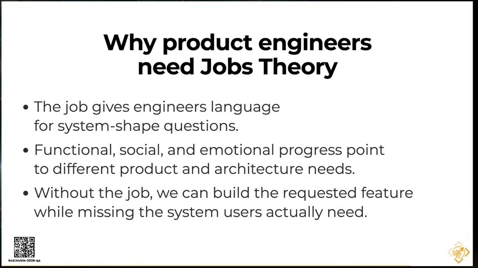 Three points connecting Jobs Theory to system design, architecture needs, and building what users need.