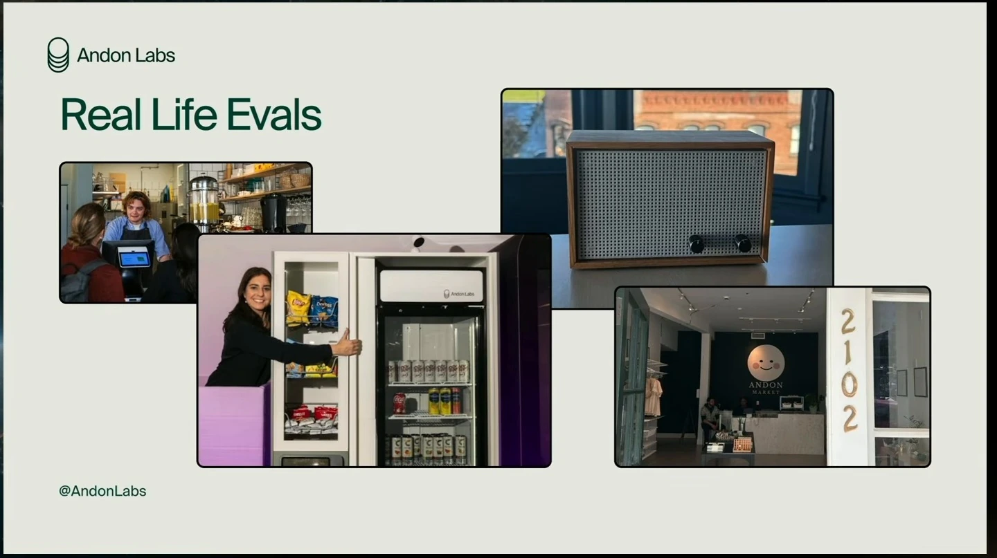 Collage of a café, vending machine, radio and retail store.