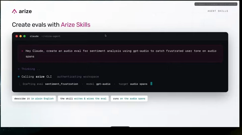 A terminal-style example creates an audio sentiment eval from a plain-English request.