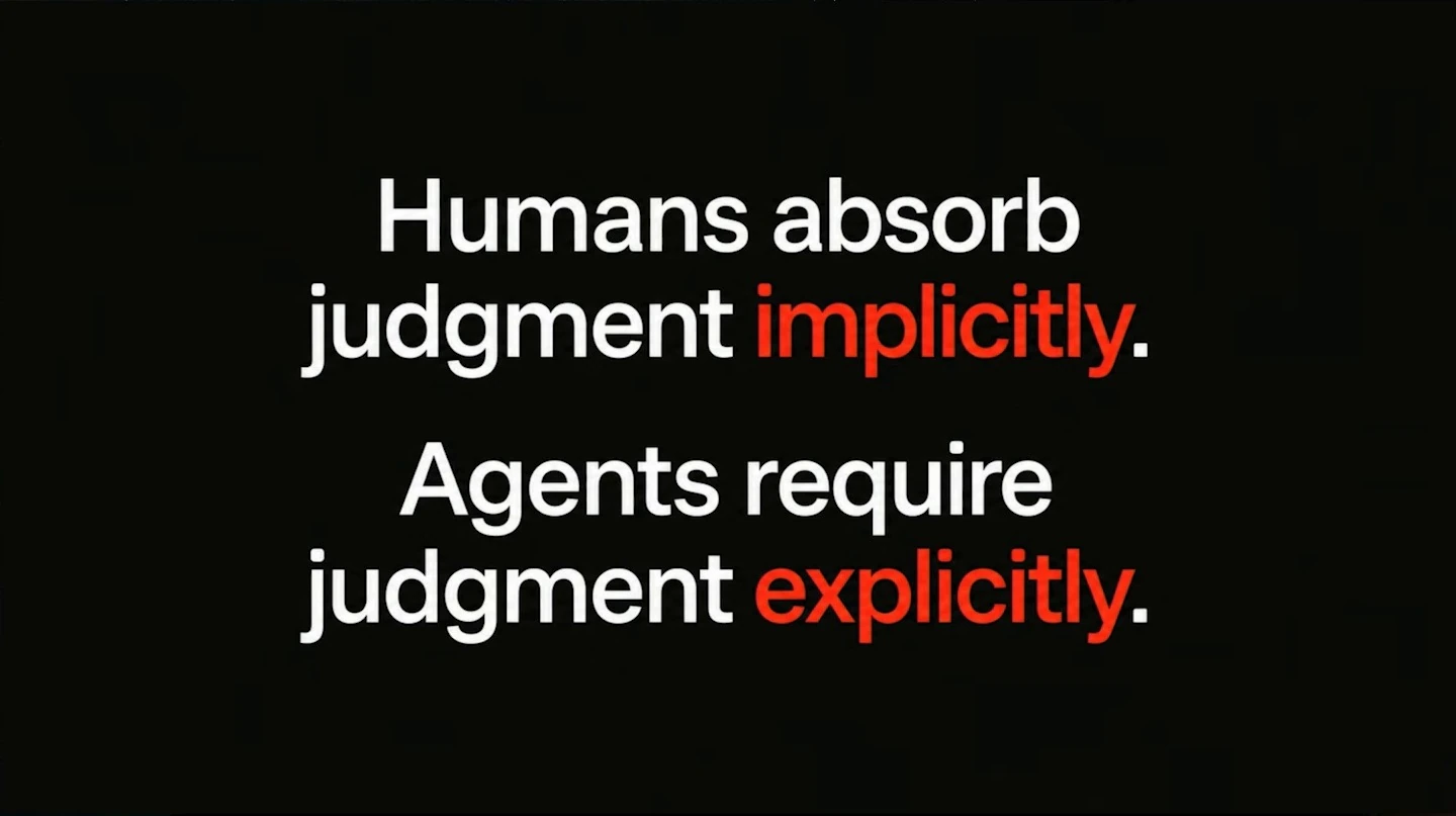 Text contrasts humans absorbing judgment implicitly with agents requiring it explicitly.