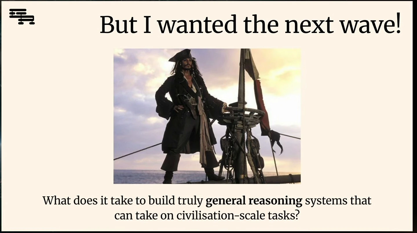 A pirate stands on a ship above a question about building general reasoning systems for civilisation-scale tasks.