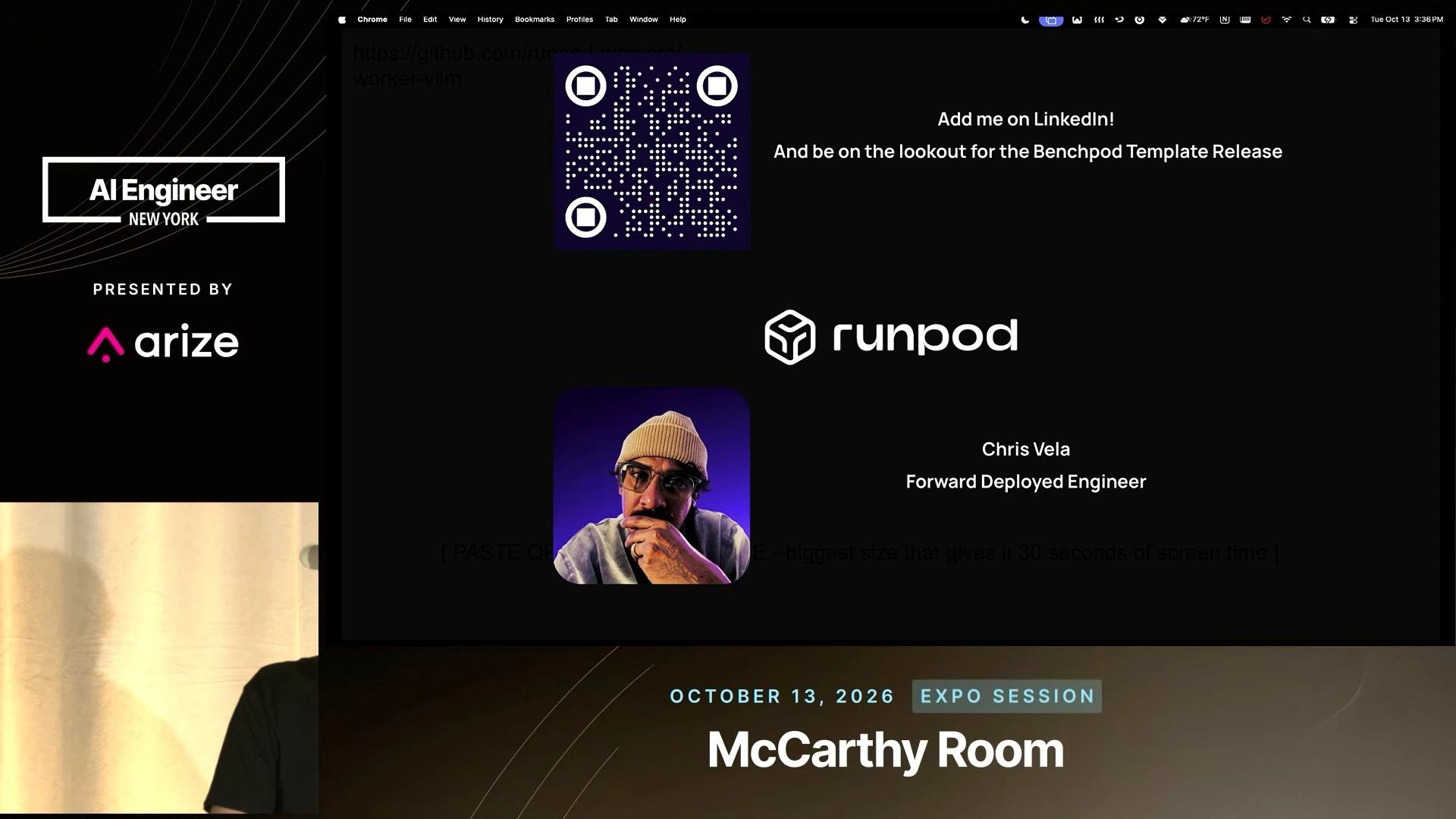 Runpod closing slide with a QR code, a LinkedIn invitation, a Benchpod template release announcement, and Chris Vela identified as Forward Deployed Engineer.