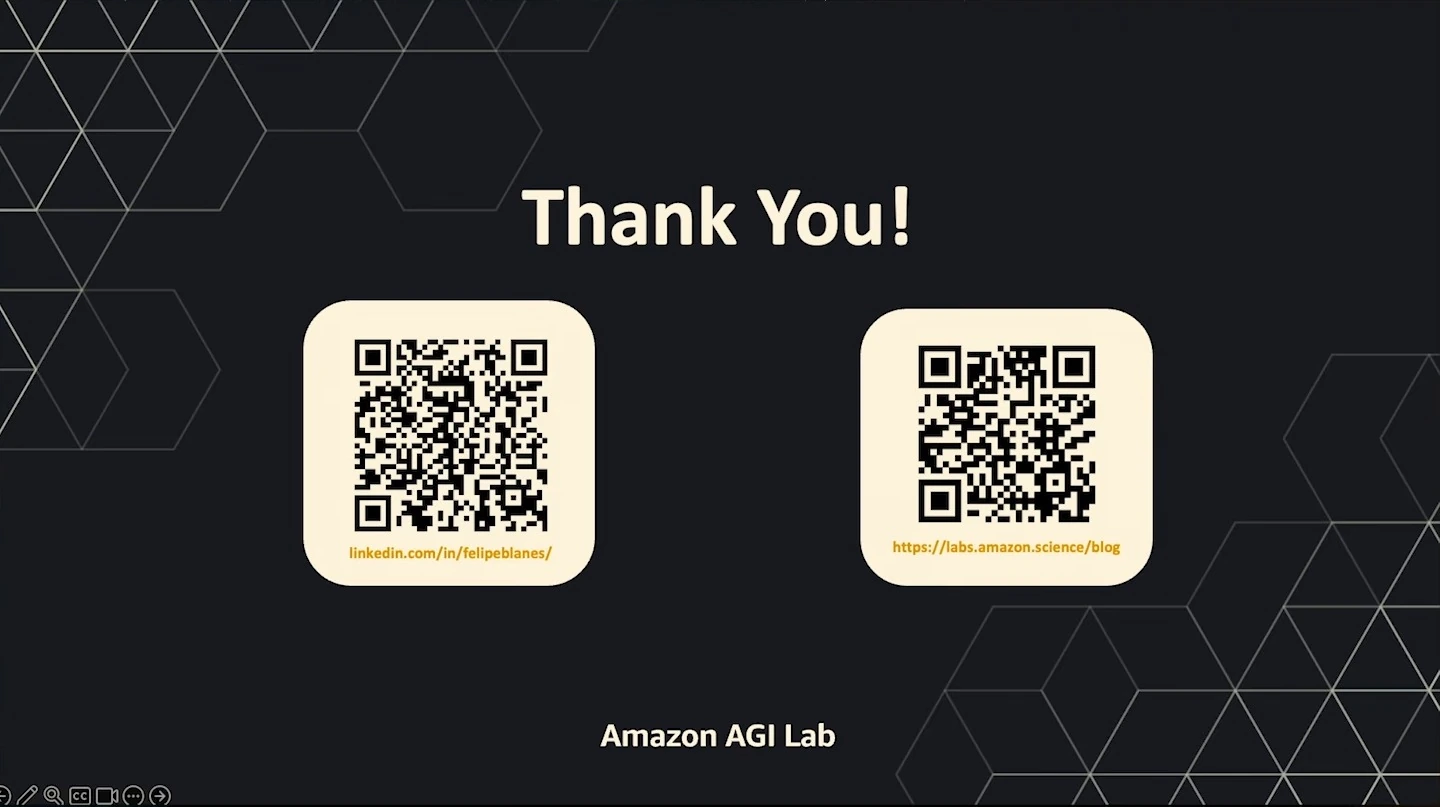 Thank-you slide from Amazon AGI Lab with QR codes for a speaker profile and the lab blog.