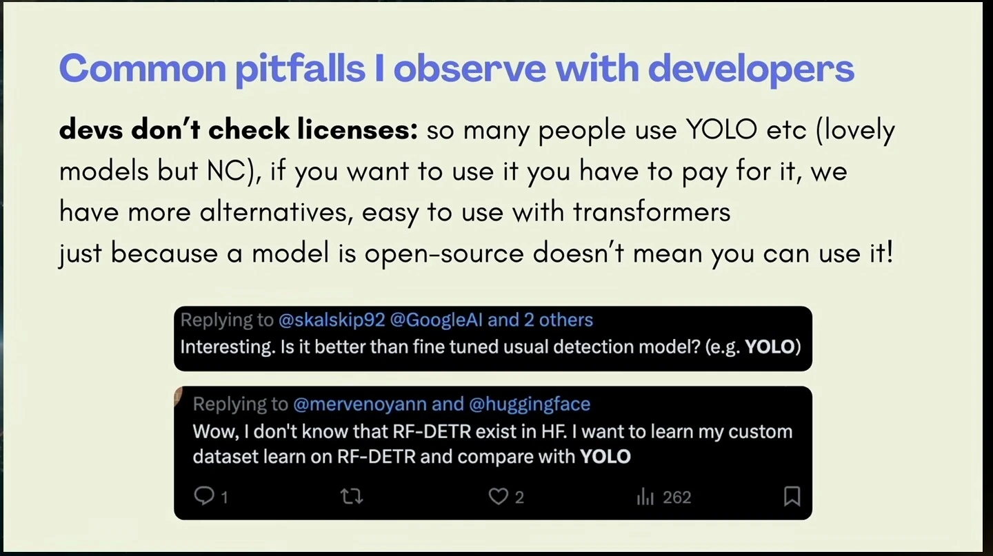 The speaker urges developers to check model licenses, with social media replies discussing object detection models.