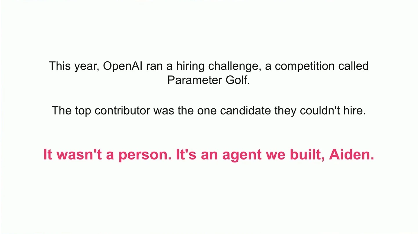 The slide introduces Aiden as an agent that was the top contributor to Parameter Golf.
