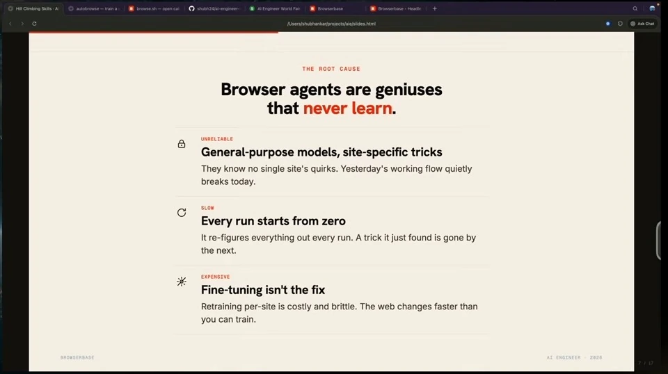 Slide explaining site-specific quirks, runs starting from zero, and the cost of fine-tuning.