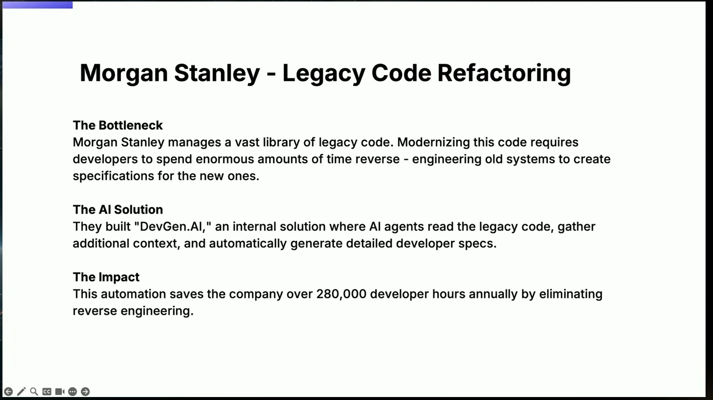 Case study describing an AI agent that generates specifications from legacy code and a claimed annual saving of over 280,000 developer hours.