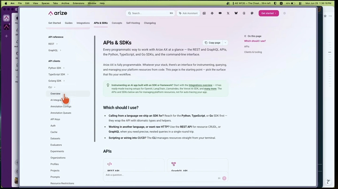 Arize documentation comparing APIs, SDKs and the command-line interface.