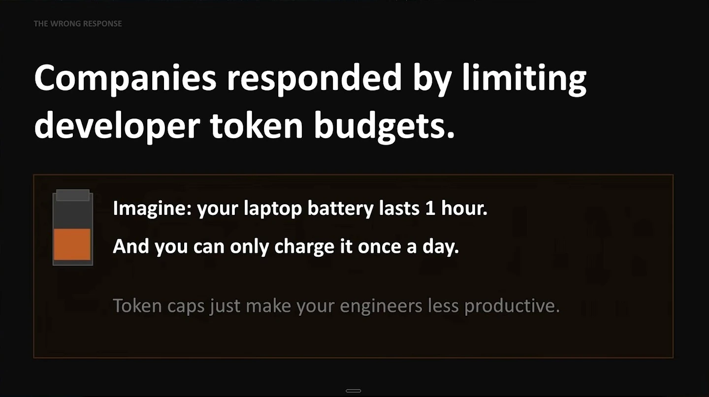 A headline about limiting developer token budgets is followed by a low-battery analogy and a claim that token caps reduce engineer productivity.