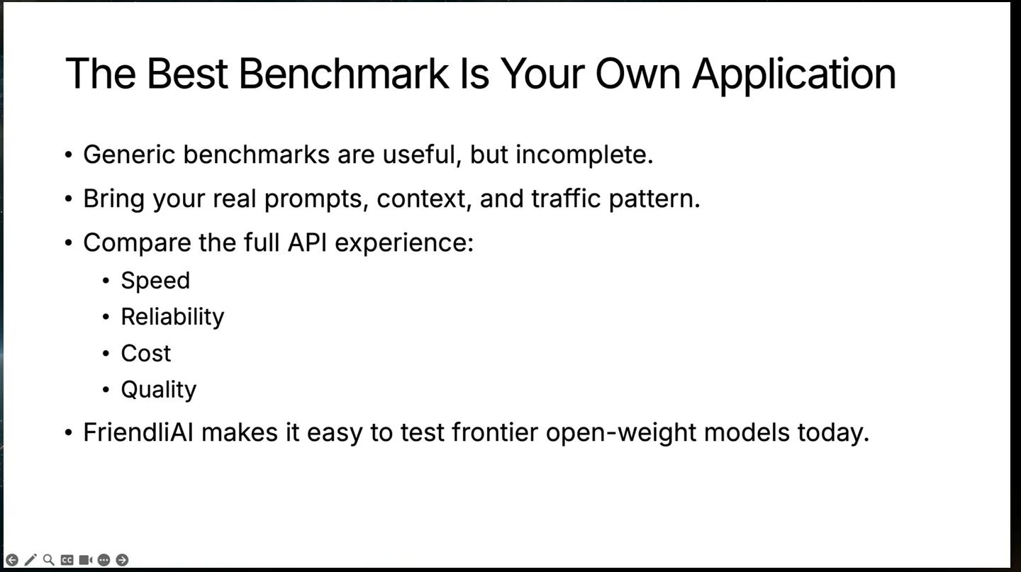 Slide recommends testing real workloads across speed, reliability, cost, and quality.