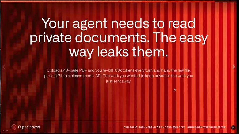 Slide warning that sending private documents to a closed model API can expose their contents and incur repeated token costs.