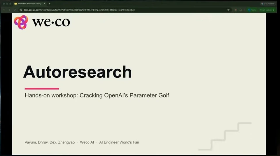 Title slide for a hands-on workshop on OpenAI’s Parameter Golf.