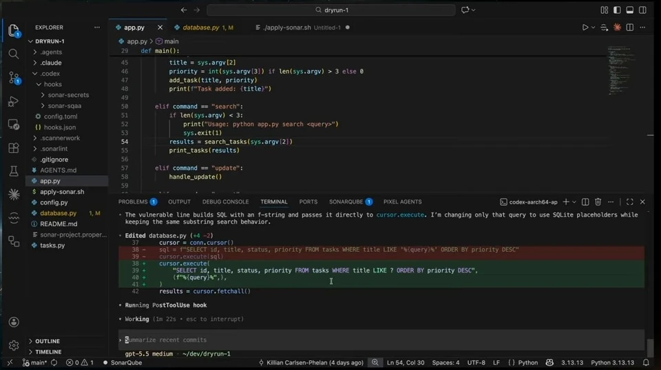 A code diff replaces interpolated SQL with a SQLite placeholder.