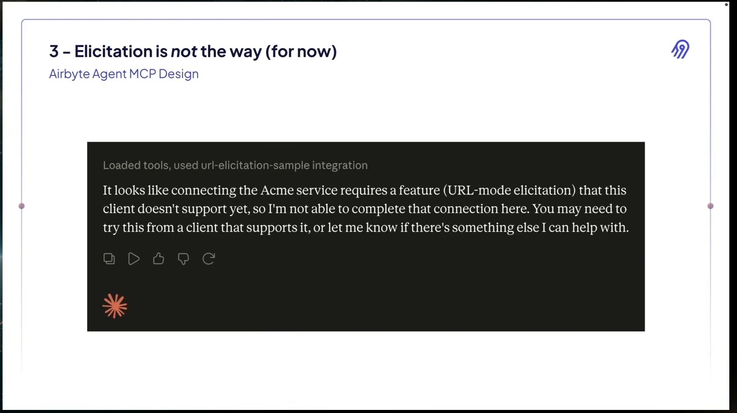 A client response says it cannot complete a connection because URL-mode elicitation is unsupported.