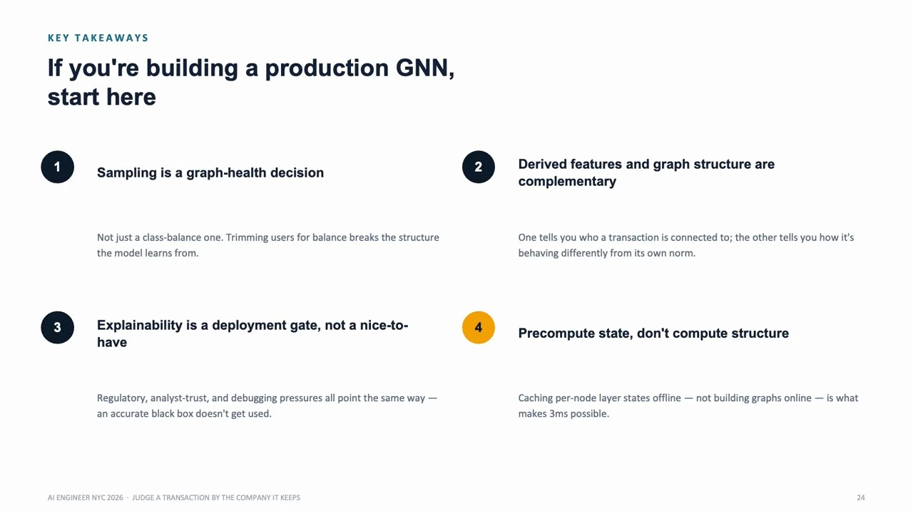 Four takeaways cover sampling, complementary features and graph structure, explainability, and precomputed state.