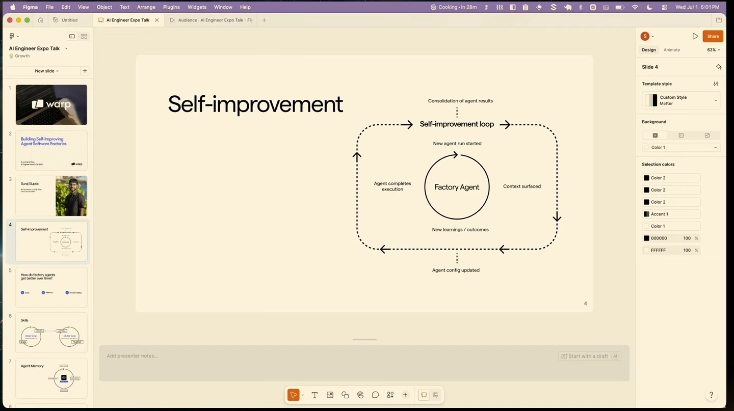 Diagram of a factory agent inside a self-improvement loop that consolidates results and updates its configuration.