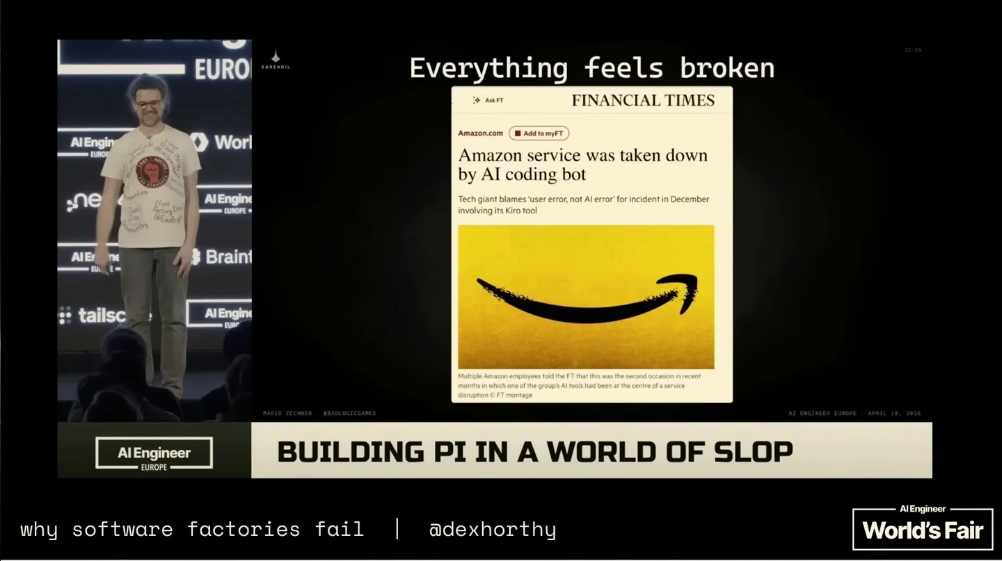 An embedded slide shows a Financial Times headline reporting that an Amazon service was taken down by an AI coding bot.