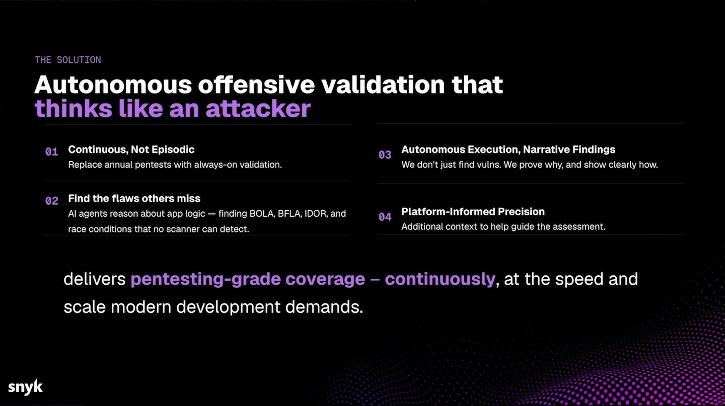 Four points describe continuous testing, finding application logic flaws, narrative findings and platform context.