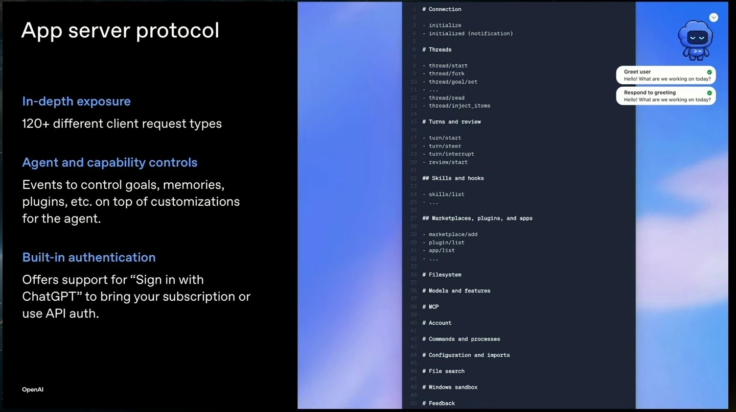 Slide describing client request types, agent controls and built-in authentication, beside a list of protocol categories.