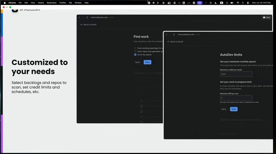 AutoDev configuration screens for finding work and setting spending and work-in-progress limits.