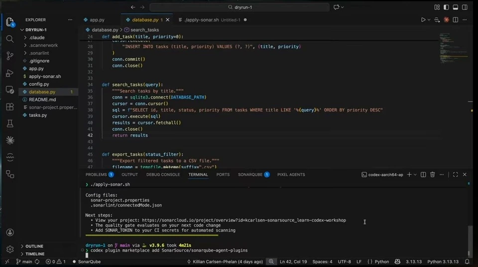 An editor shows Python search code while a terminal contains the plugin marketplace command.