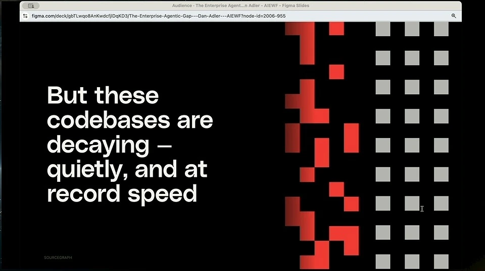 Black slide stating that codebases are decaying quietly at record speed, beside red blocks and a gray grid.