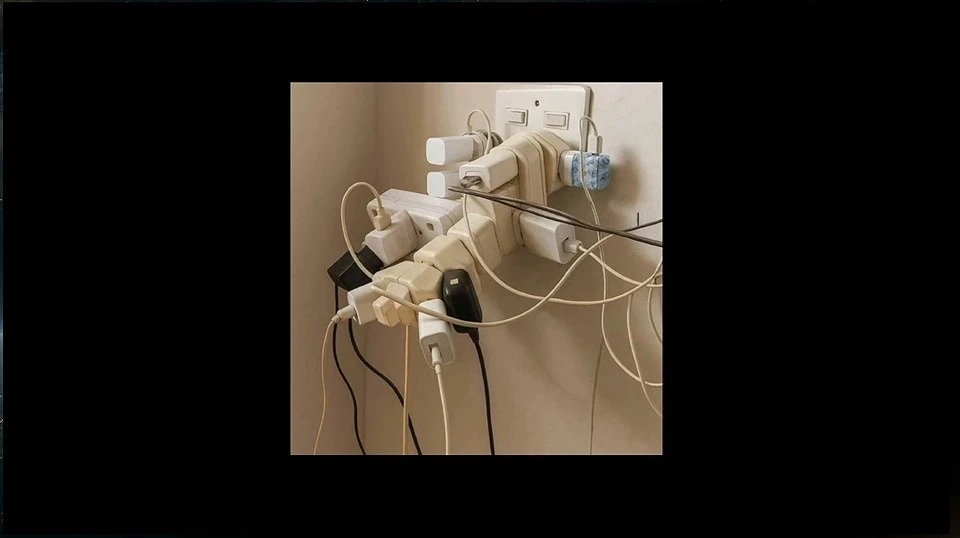 A photograph of numerous adapters and cables connected to a wall outlet.
