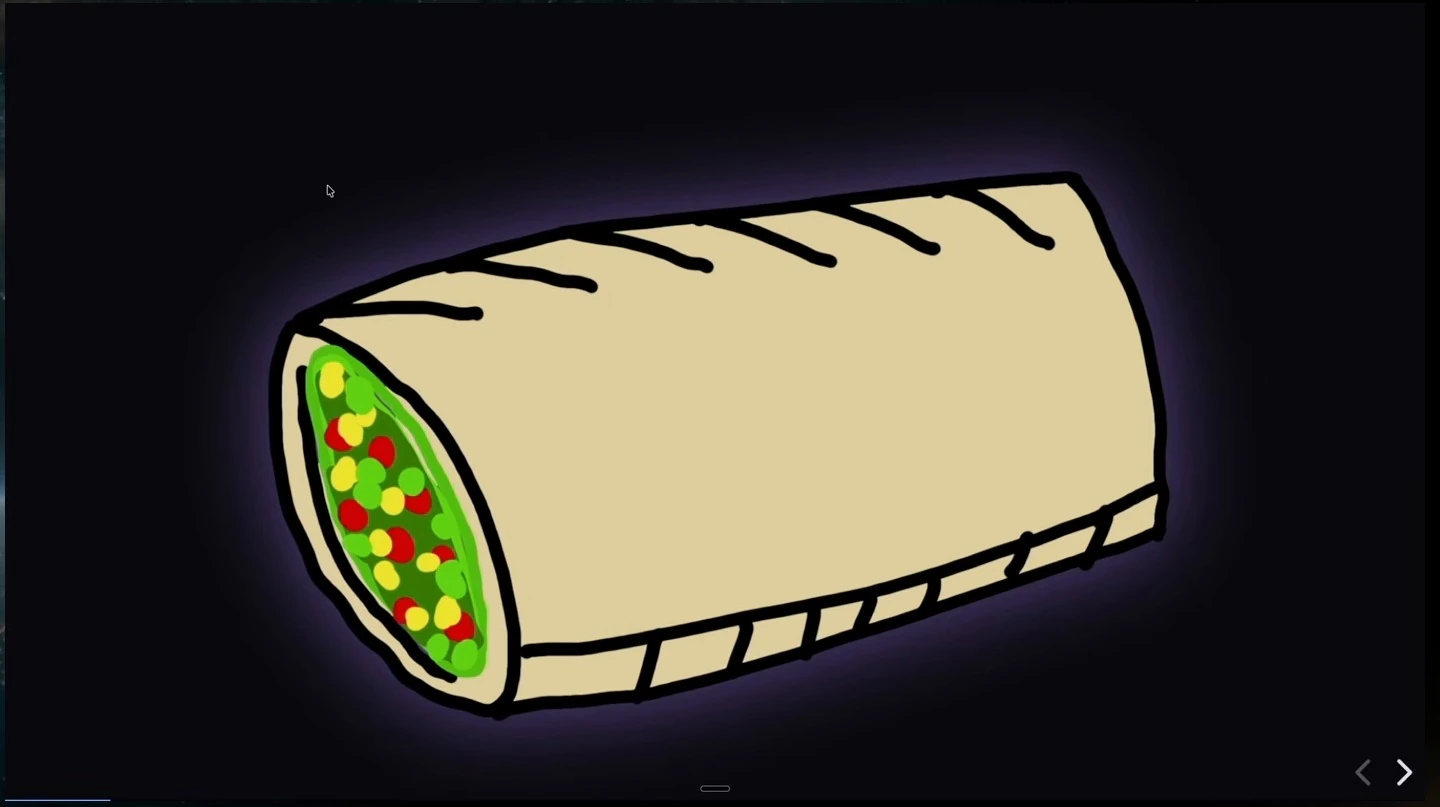 Illustration of a burrito with colorful filling.