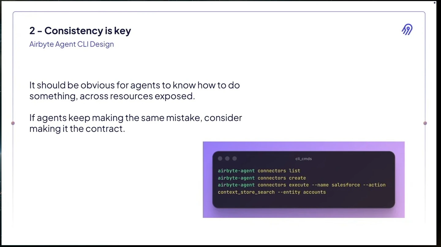 Airbyte Agent CLI design slide recommends consistent commands across resources and shows connector command examples.