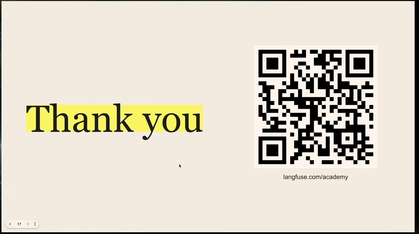 Thank-you slide with a QR code and the Langfuse Academy address.