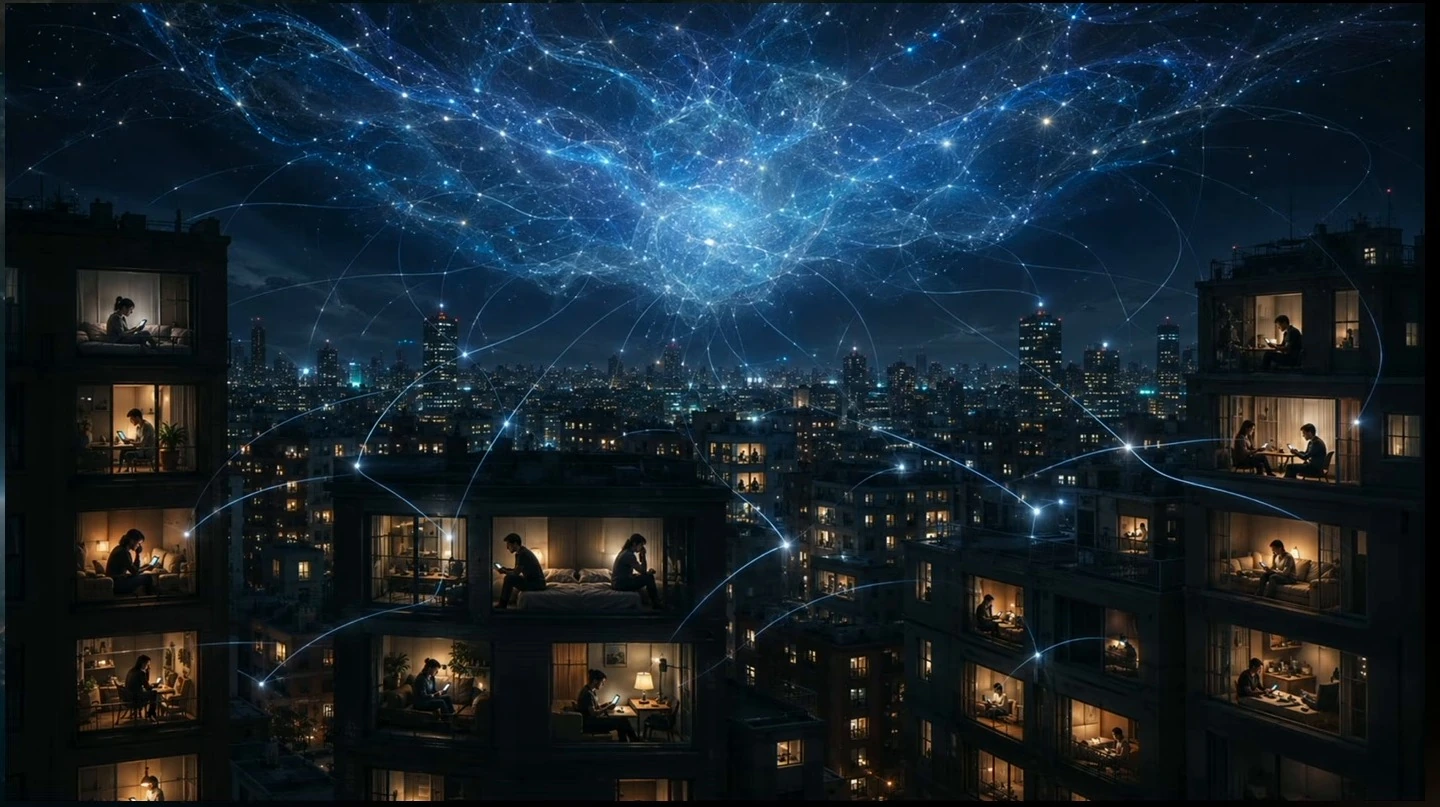 Glowing network lines connect people in apartment windows beneath a luminous web over a city.