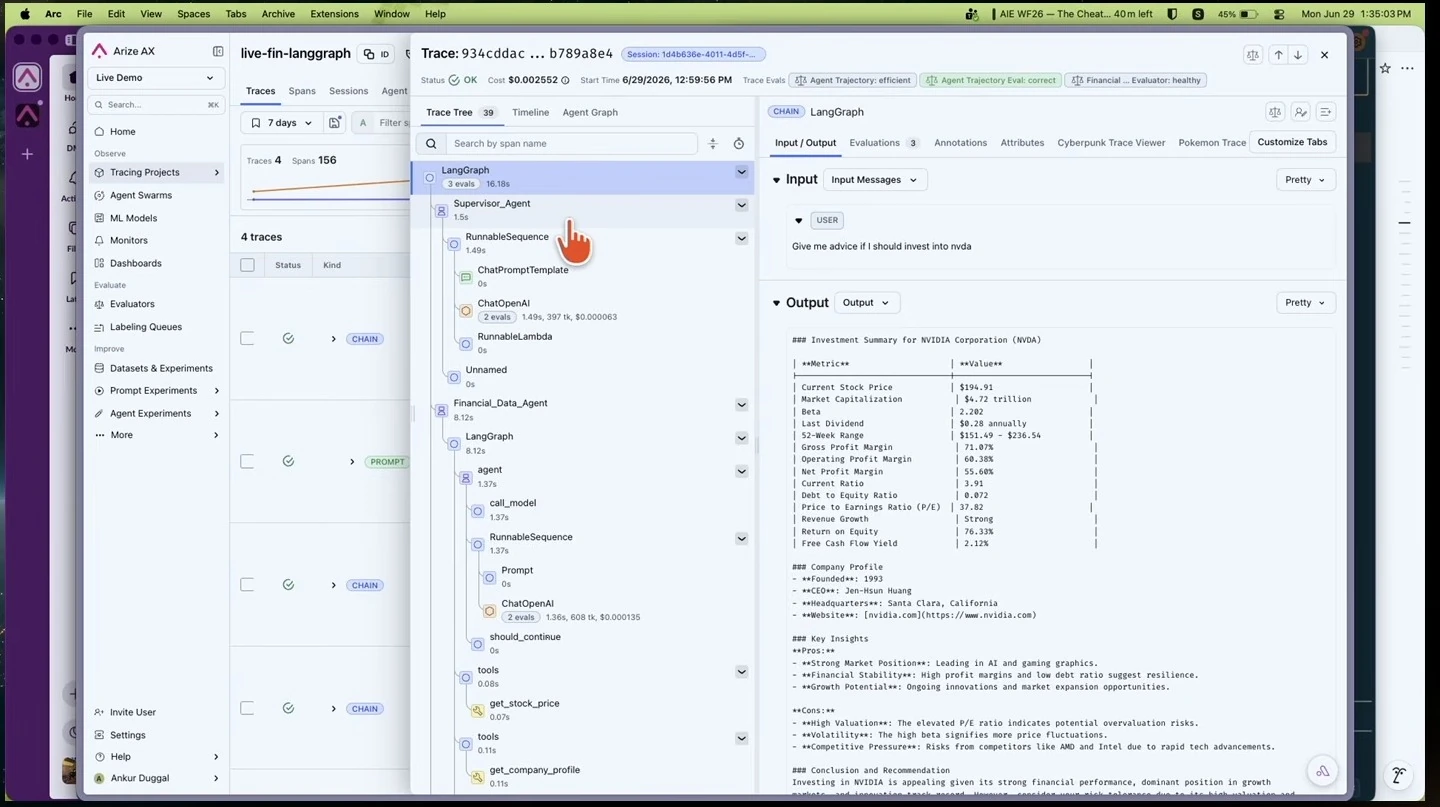 Arize trace view showing agent steps and an investment summary.