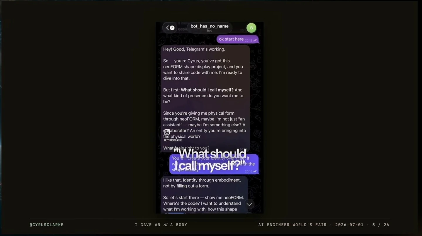 A messaging conversation in which an agent asks what it should call itself.