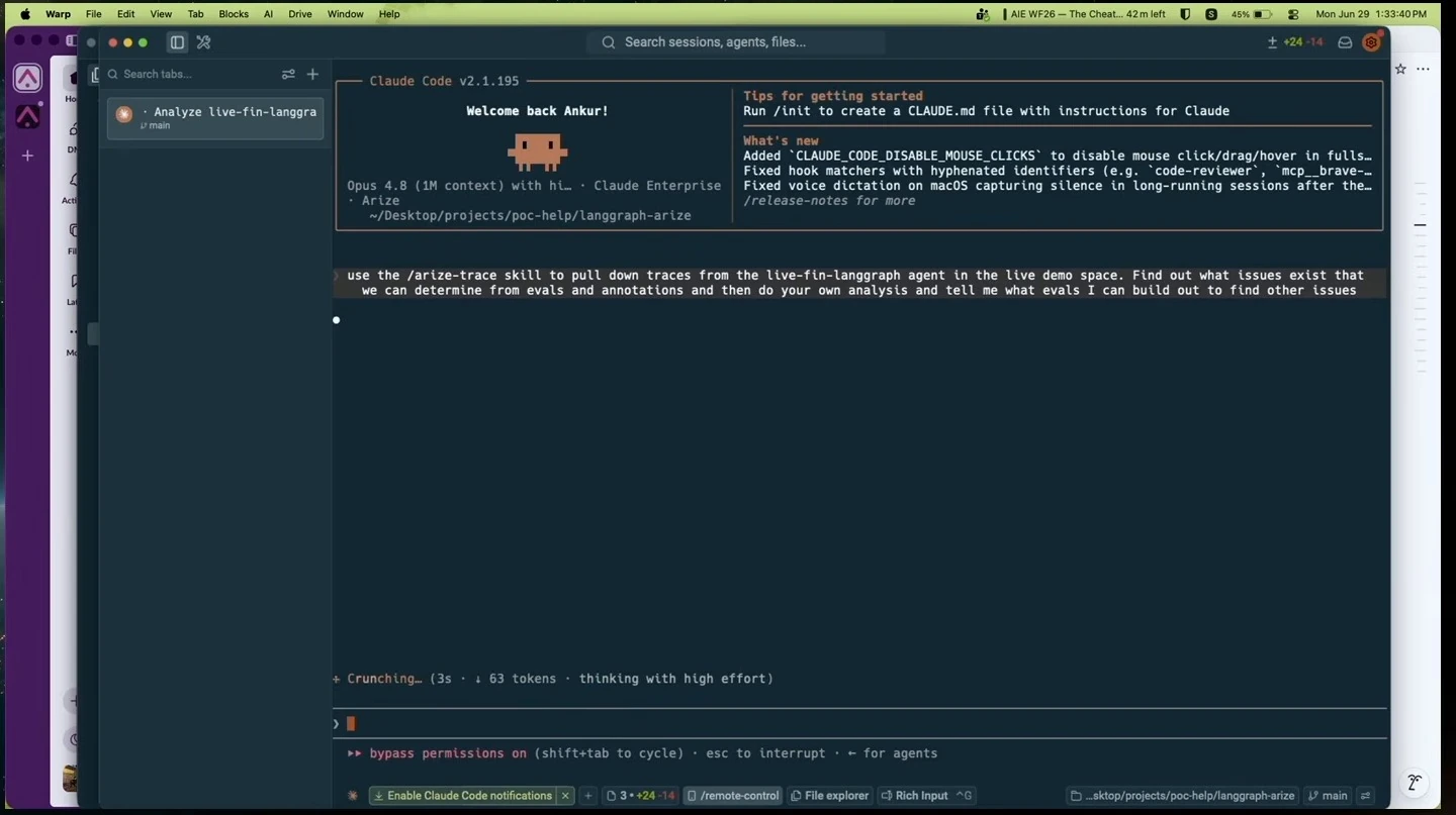 Claude Code displays a request to analyze agent traces, evaluations and annotations.