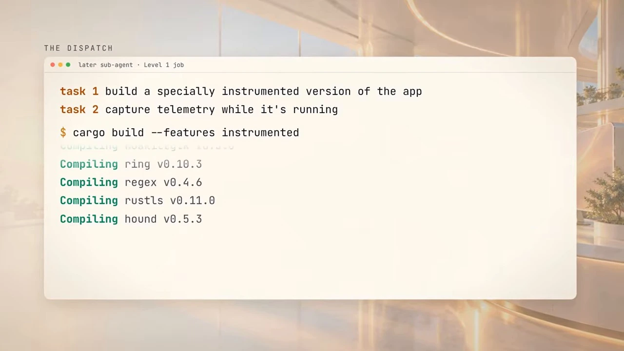 A task list requests an instrumented build and telemetry capture, with compilation output beneath it.