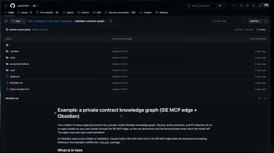 GitHub example directory and README introduction for an Obsidian contract knowledge graph.