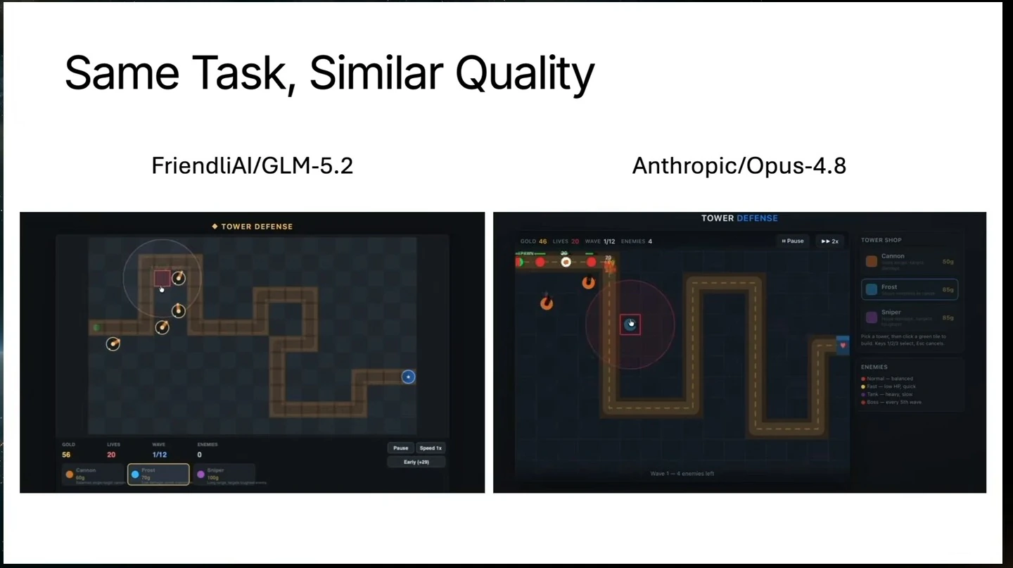 Side-by-side tower defense game demos attributed to GLM-5.2 and Opus-4.8.