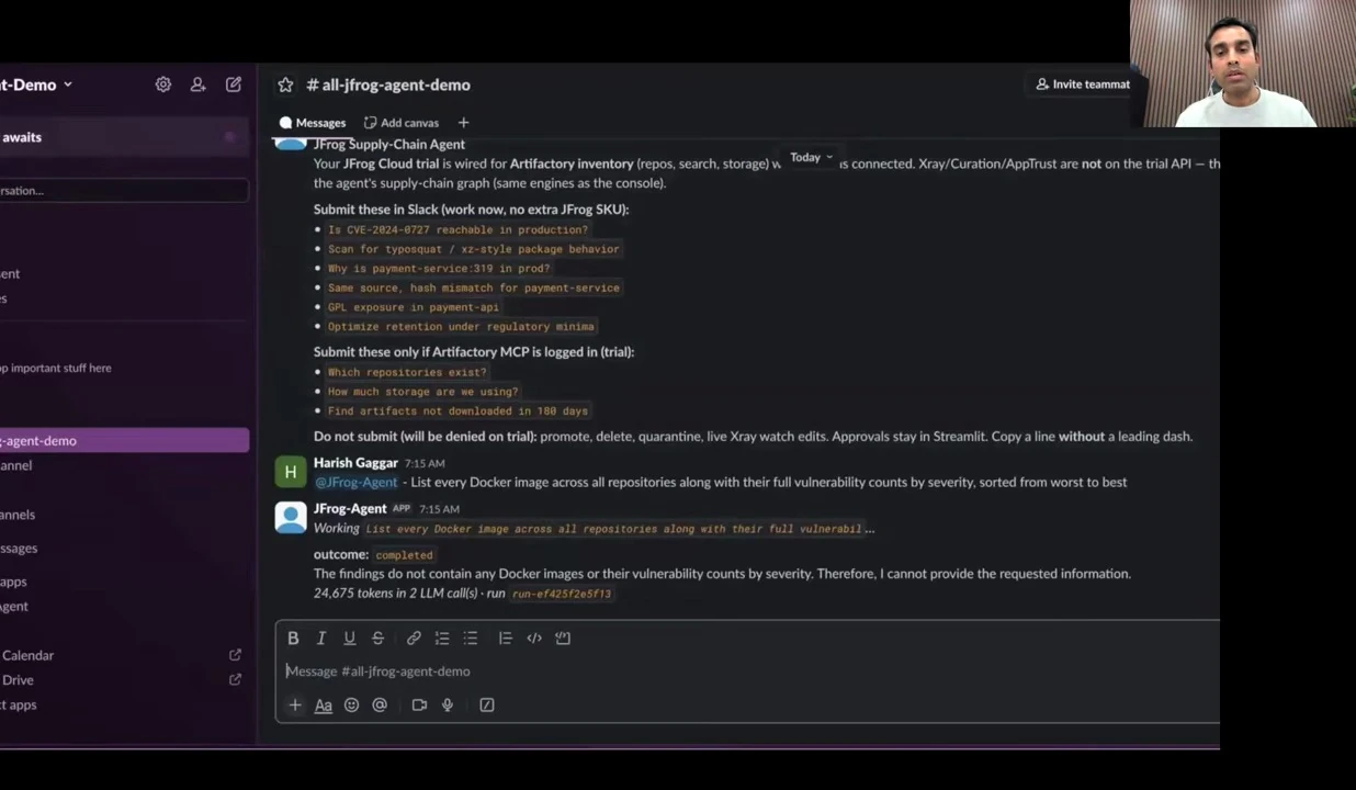 A completed Slack agent query — recorded presentation