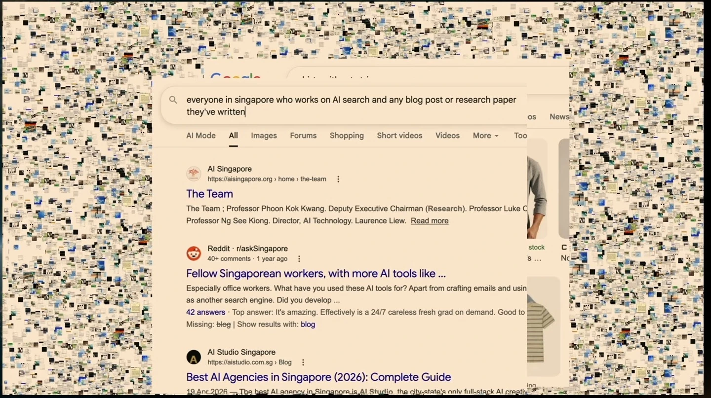 Google results for a query seeking AI search researchers in Singapore and their writing.