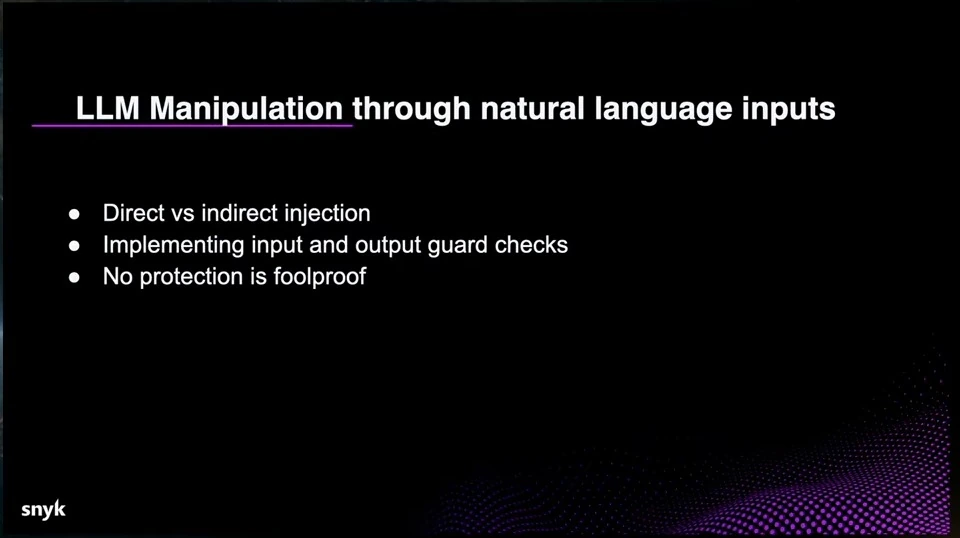 Slide lists direct and indirect injection, guard checks, and the limits of protection.