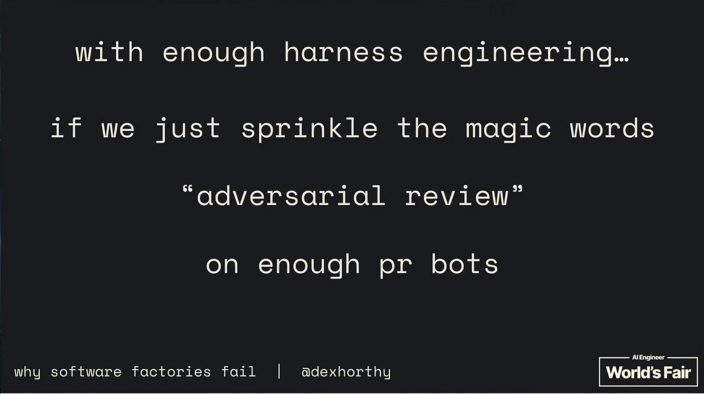 The slide suggests sprinkling the words “adversarial review” on enough PR bots.