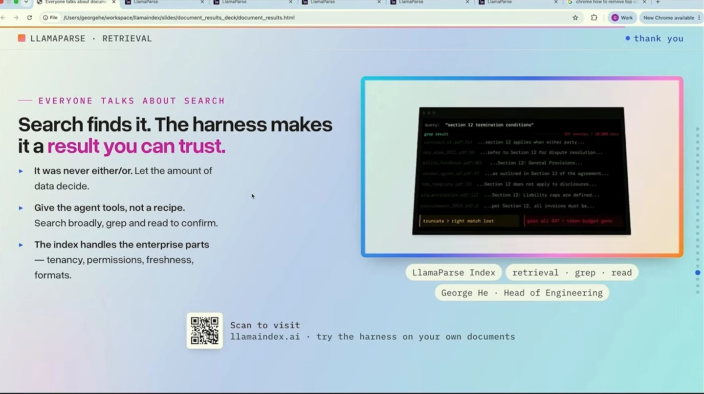 A closing slide summarizes retrieval takeaways beside a terminal-style search illustration.