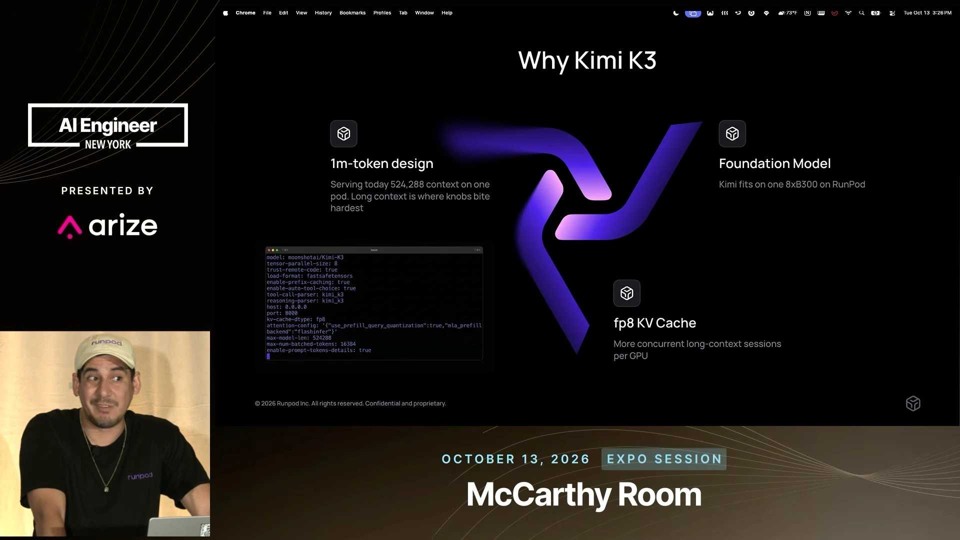 Slide presenting long-context design, deployment on an eight-GPU pod and fp8 KV cache, with a configuration inset and a large purple graphic.