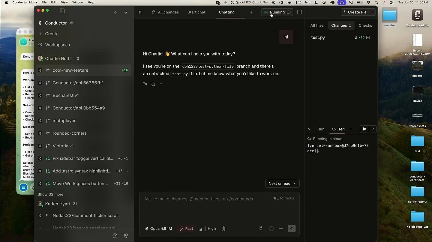 Conductor shows a workspace list, an agent chat, file changes, and a cloud terminal.