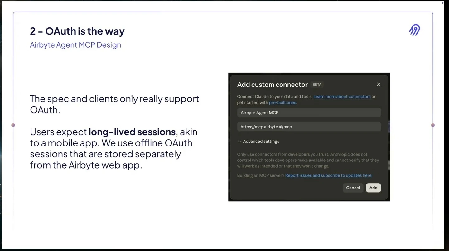 The slide discusses OAuth and long-lived sessions beside a custom connector setup dialog.