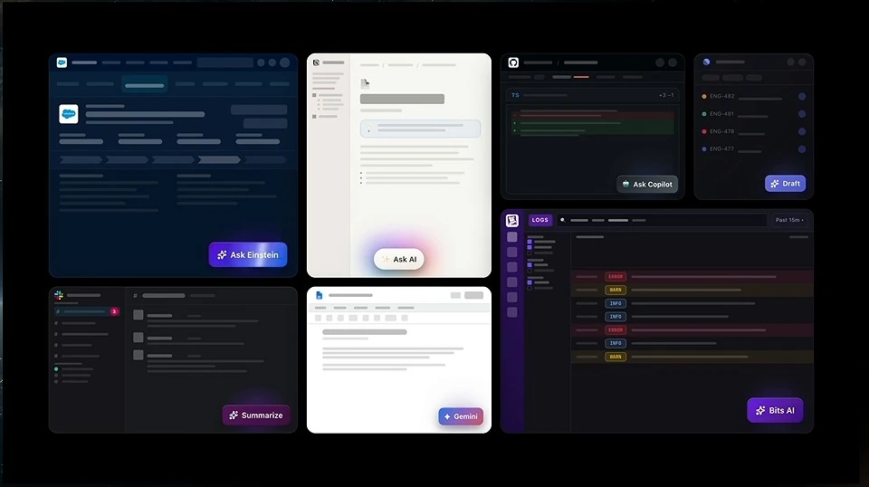 A collage of application interfaces with AI assistant buttons.