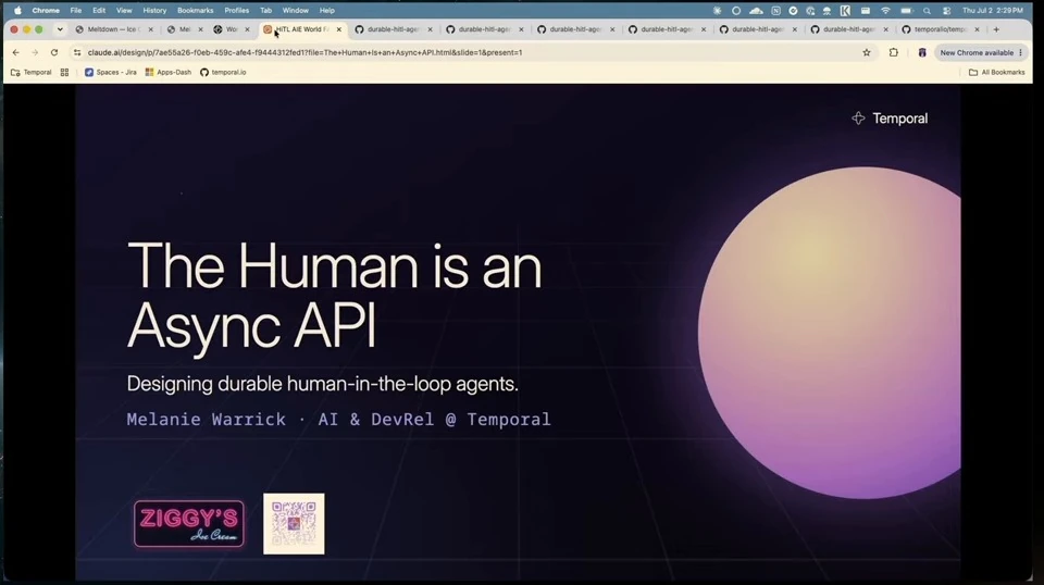 Title slide for a talk on designing durable human-in-the-loop agents by Melanie Warrick.