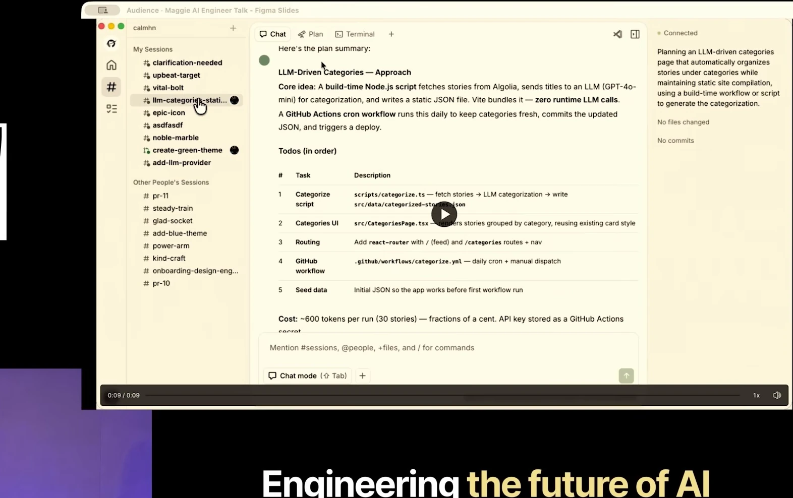 A shared coding session displays a plan for categorizing stories at build time.